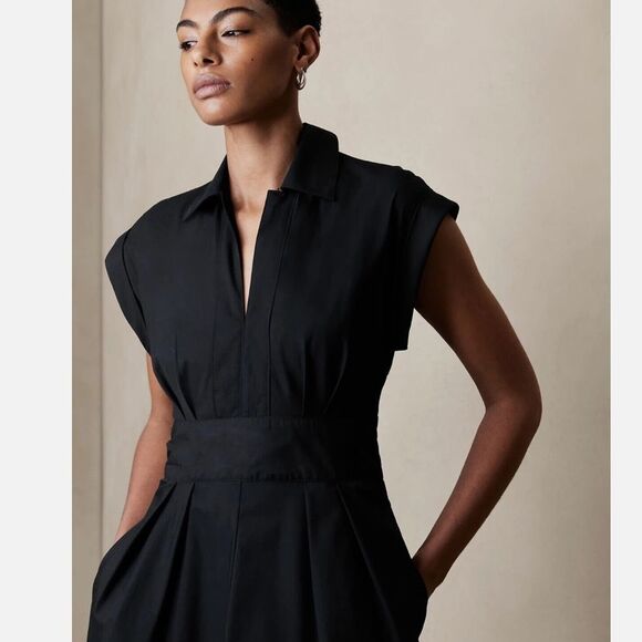 BANANA REPUBLIC BAND WAIST COTTON POPLIN BLACK MIDI DRESS Size 4 - Picture 5 of 7